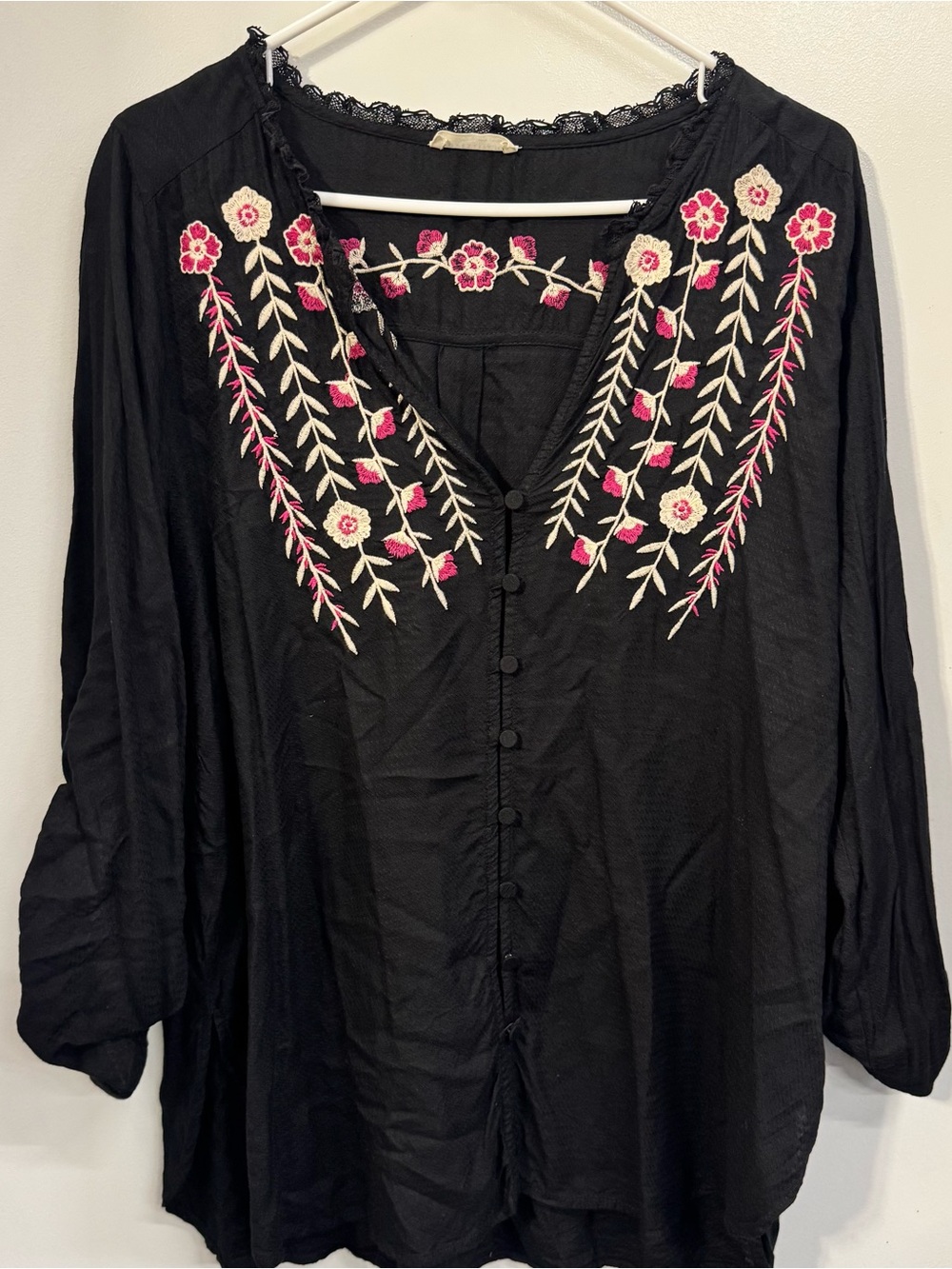 Lovestitch Black Embroidered V-Neck Women's Top Pink Floral Stitch Boho Casual